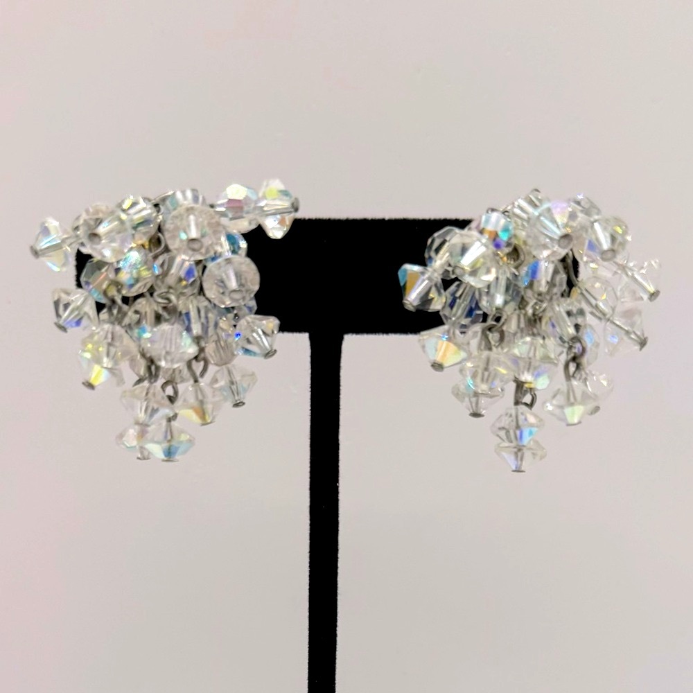 VINTAGE Aurora Borealis Crystal Beaded Clip-On Earrings